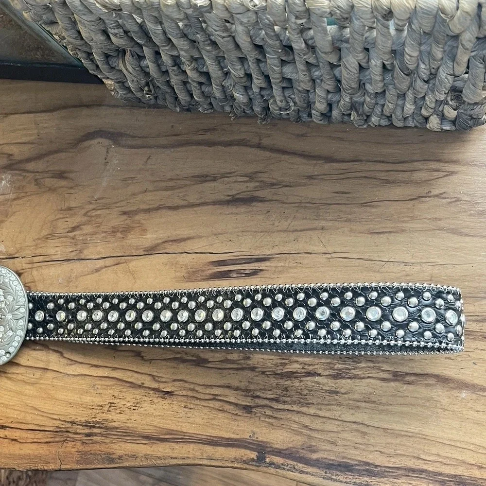 B.B. Simon Leather Belt  Black Crystal Leather 34 XL  Western Festival Rhineston